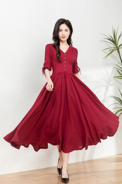 Burgundy fit and flare linen dress C4771