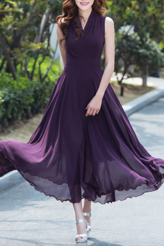 Women's New Chiffon Long V-neck Sleeveless Dress C4095