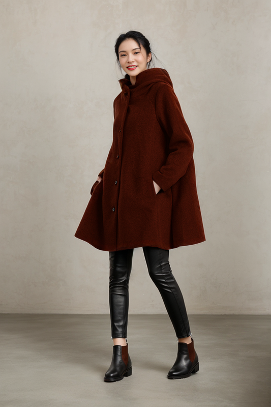 Plus size Loose fitting hooded wool coat C4410