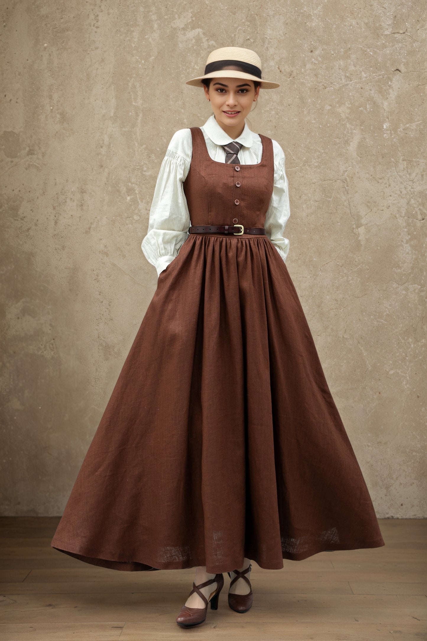 Brown linen Pinafore Maxi Dress C5363