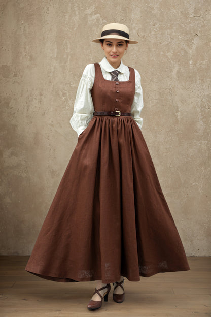 Brown linen Pinafore Maxi Dress C5363