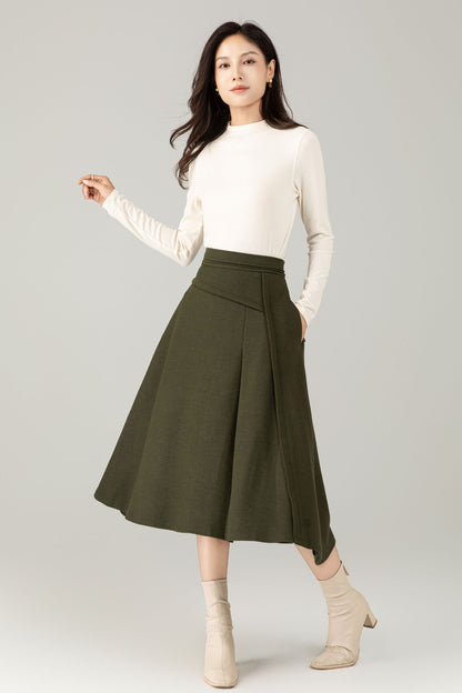 Green Wool Midi Skirt – A-Line Skirt with Pockets C5238