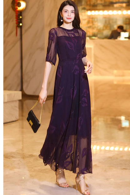 Purple prom long chiffon dress women C4931