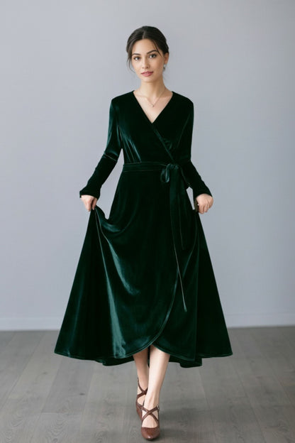 Long Velvet Wrap Dress with Belt C5358