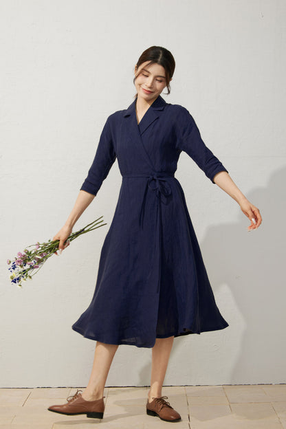 Elegant Navy Blue Linen Wrap Dress C5402
