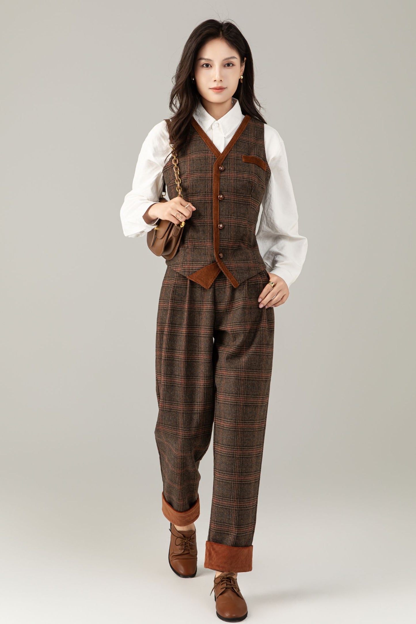 Brown Plaid Wool Suit Set, Wool vest and Wool pants C5248