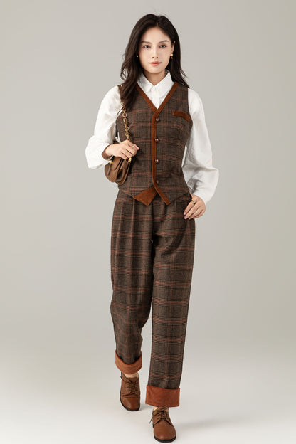 Brown Plaid Wool Suit Set, Wool vest and Wool pants C5248