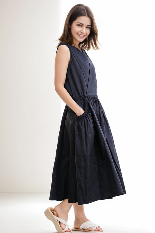 Midi linen black womens summer dress C277