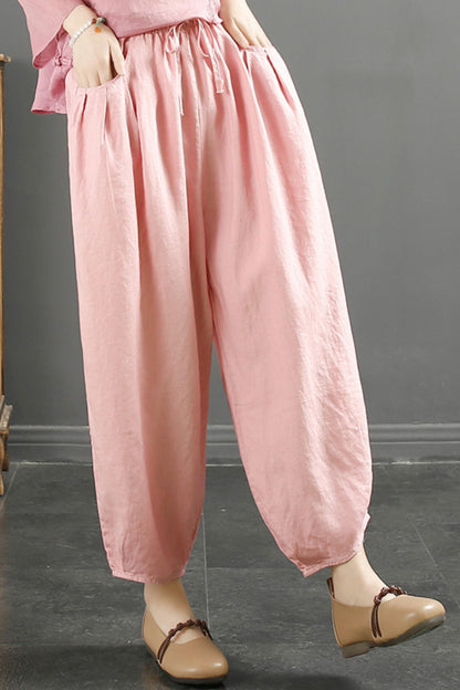 Beige Linen Harem Pants - Elastic Waist Tie Detail C3894
