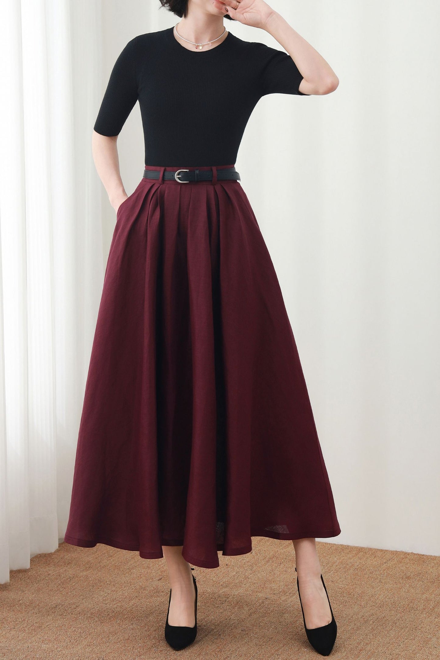 Burgundy Linen Maxi Skirt: A-Line Linen Blend Summer Skirt with Pockets, Ylistyle C5450