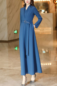 Women's blue spring and autumn V neck long dress C4187