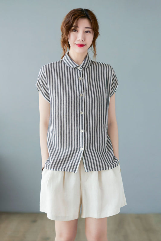 Women's Striped Button Up Short Sleeve Shirts C2366