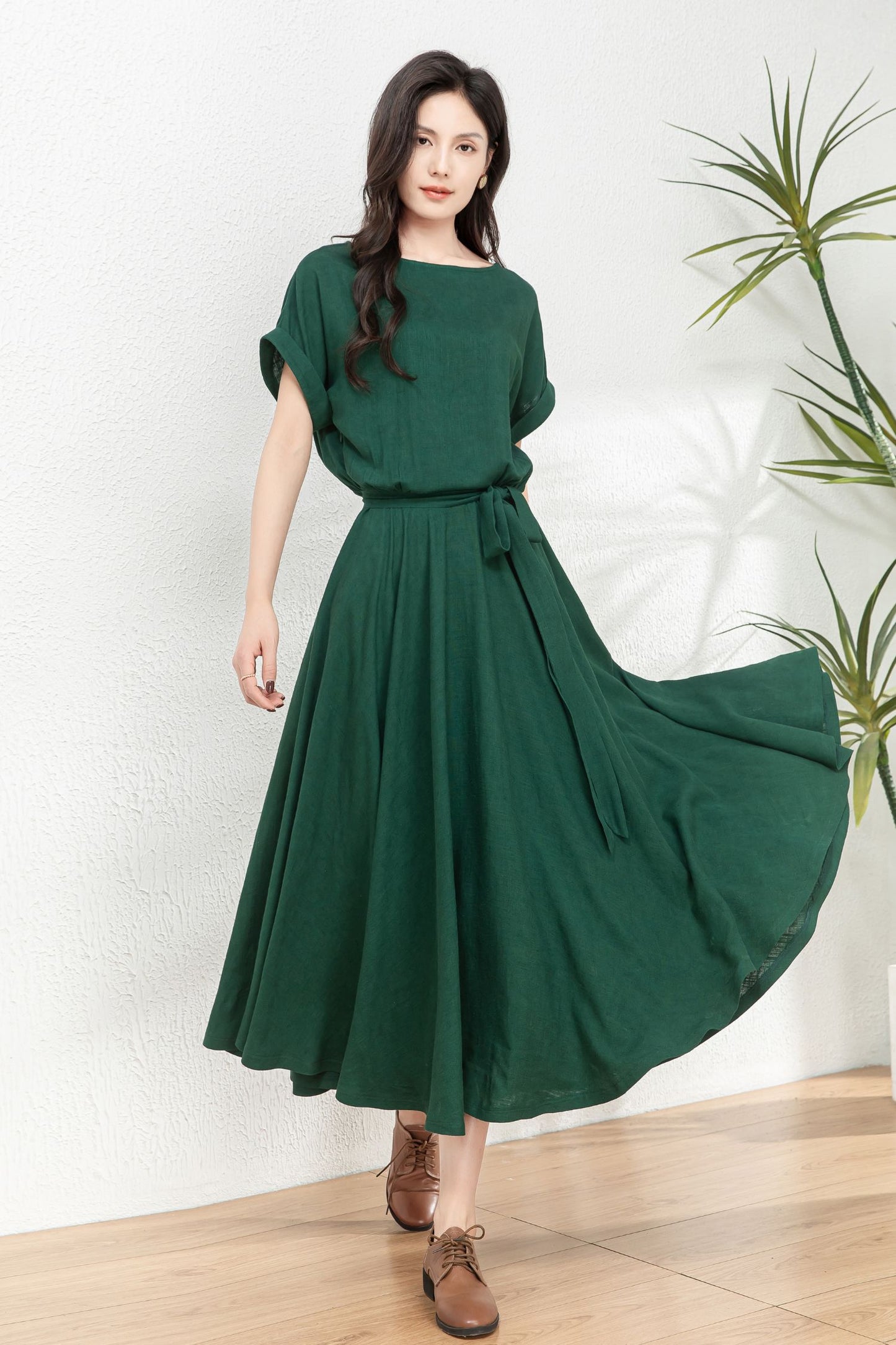 Linen midi swing green dress C4770