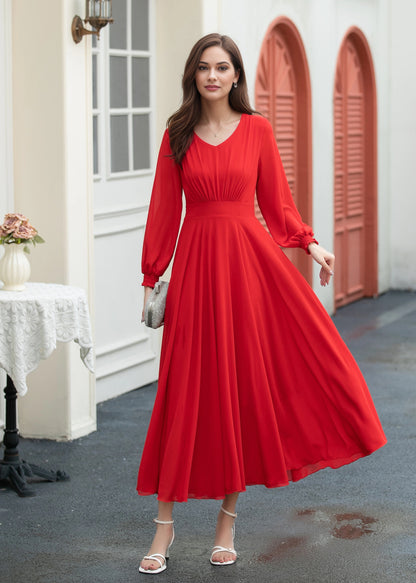 red fit and flare long chiffon dress C5397