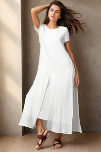 Short sleeve White maxi linen dress for women C4140