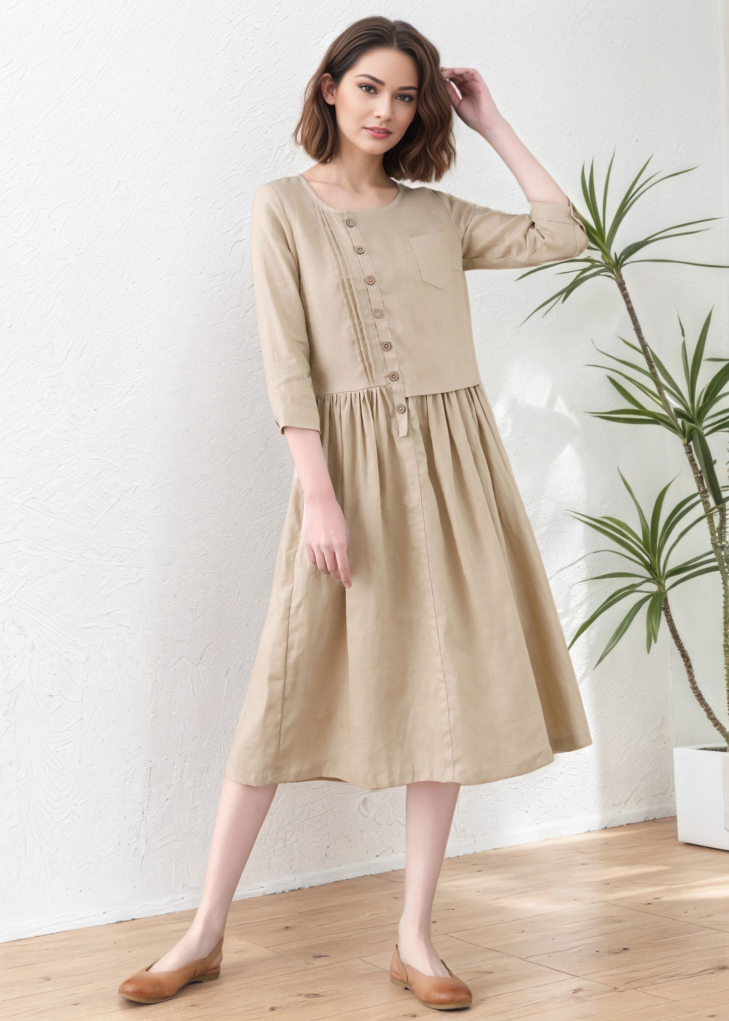 Khaki Women Asymmetrical Linen Maxi Dress C5417