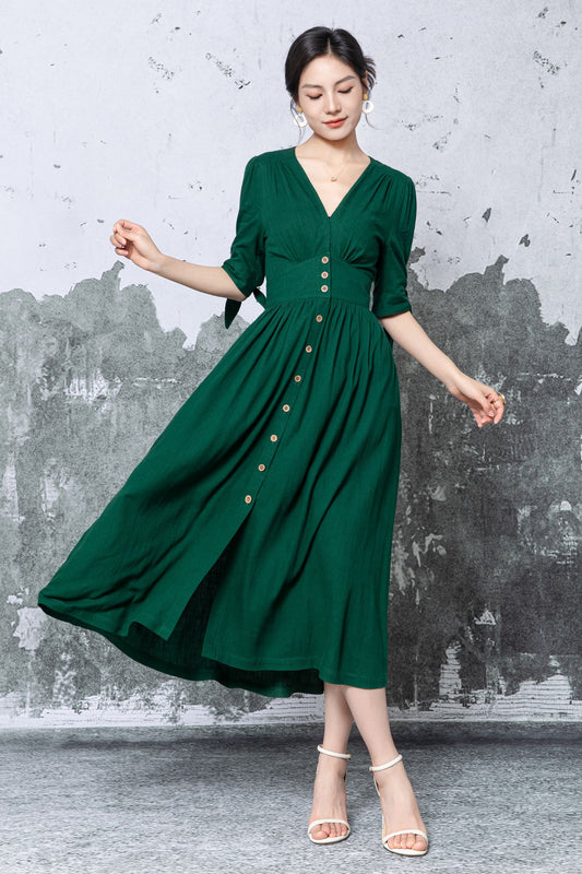 Dark Green Linen Midi Dress: V-Neck Button Down Dress with Puff Sleeves, Ylistyle C5473