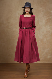 Red classic winter wool dress women C4500