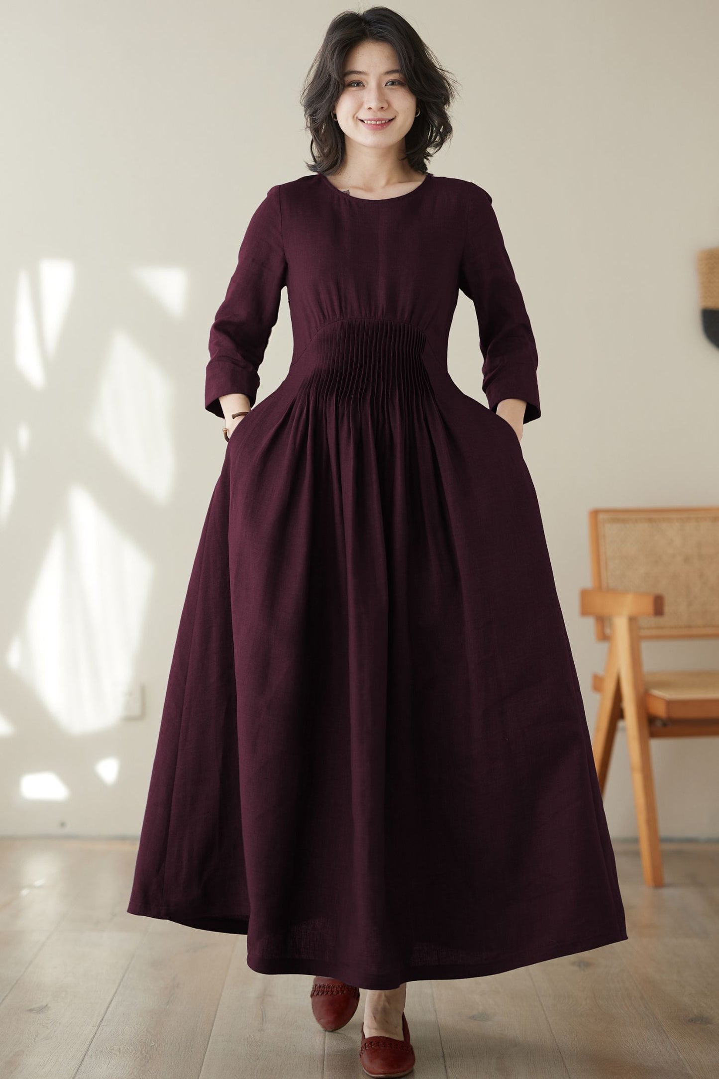 Burgundy maxi summer linen dress women c4829
