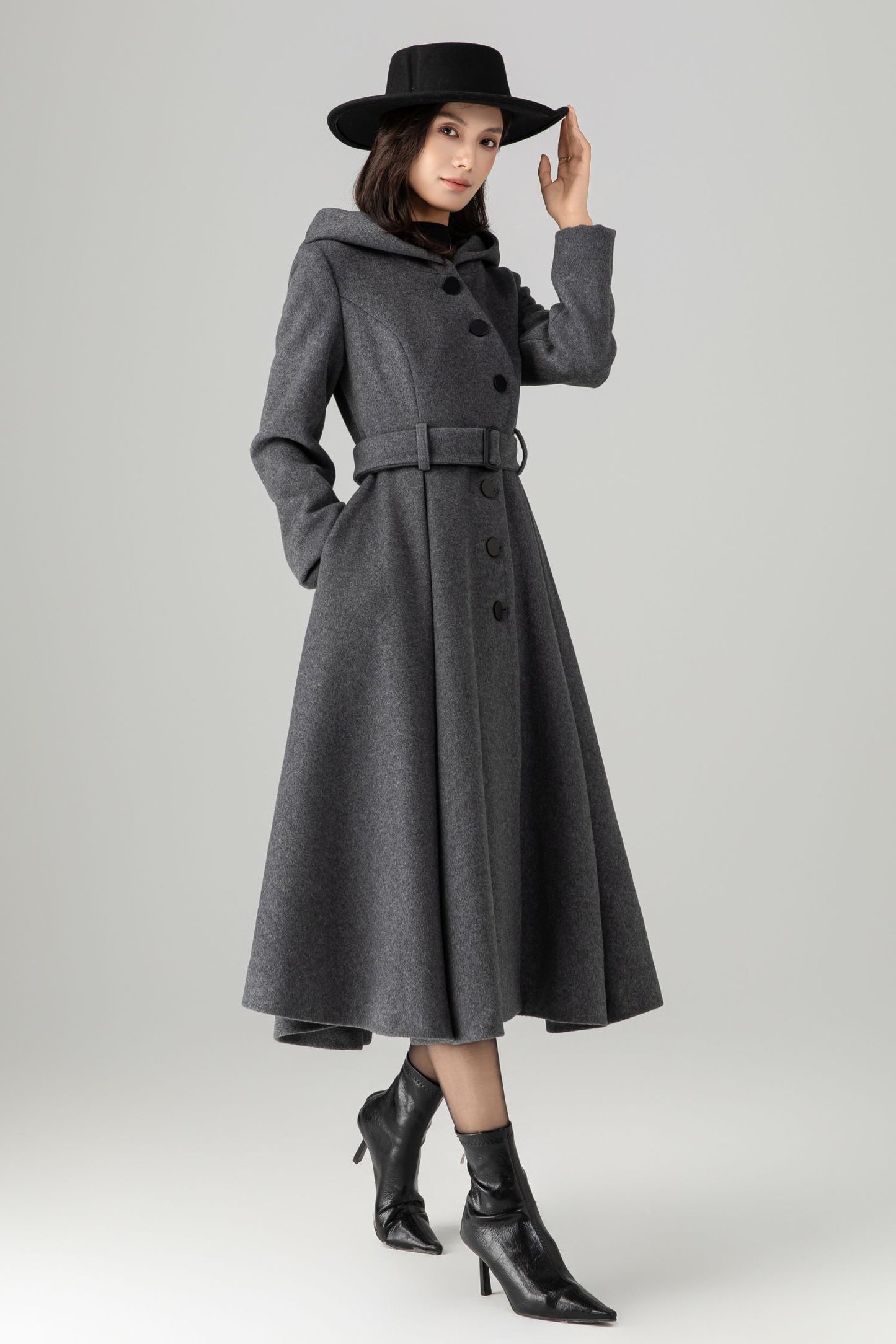 Swing gray long hooded wool coat C5269