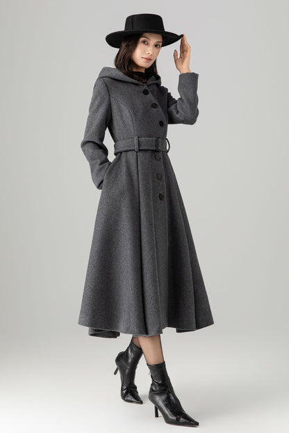 Swing gray long hooded wool coat C5269