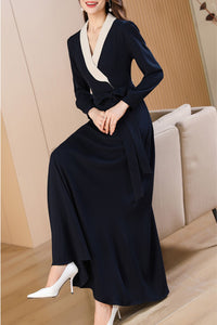 Navy blue spring and autumn V-neck long dress C4172