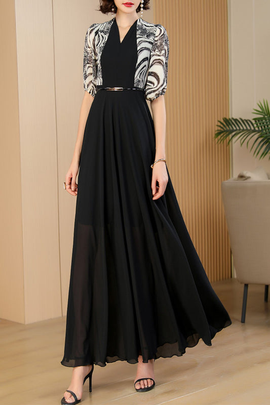 Black fake two-piece dress women long summer dress C4085