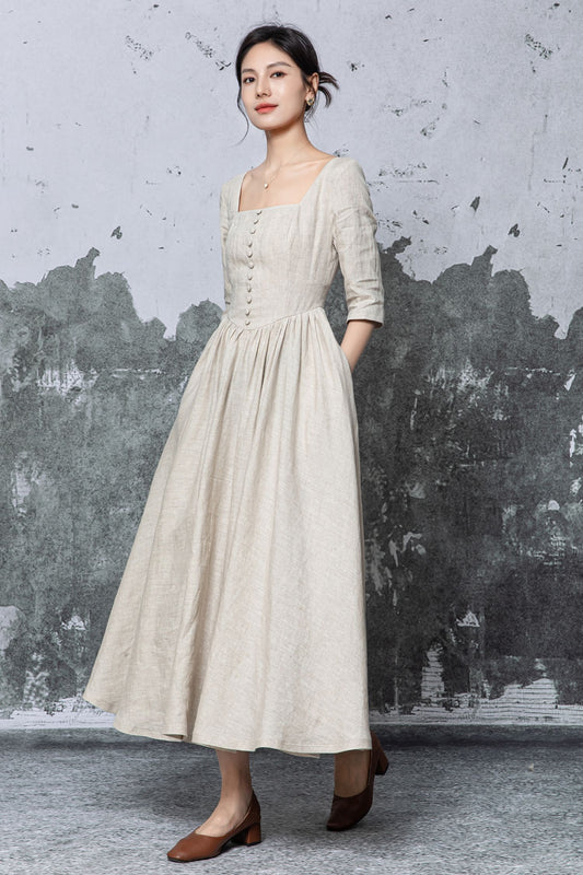 Light Beige Linen Maxi Dress: Square Neck Empire Waist Dress, Ylistyle C5470