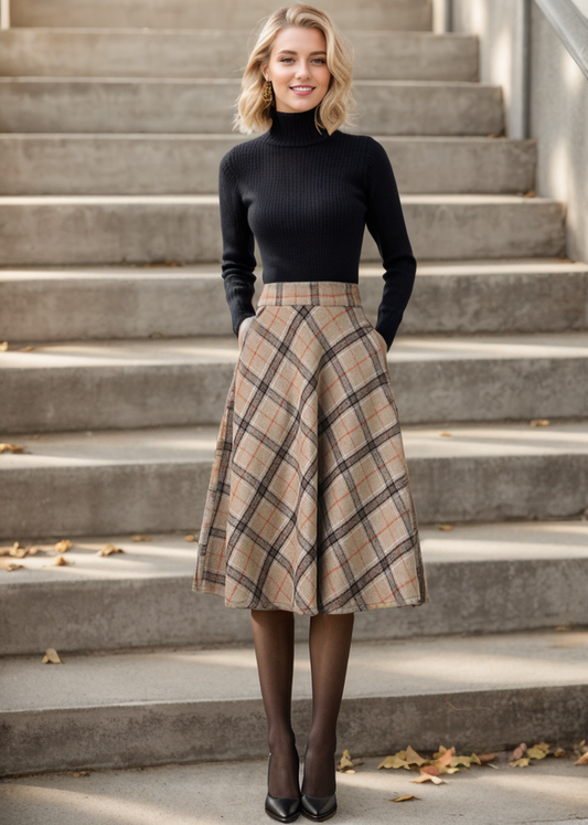 1950s Inspired Midi Wool Plaid Skirt C4356