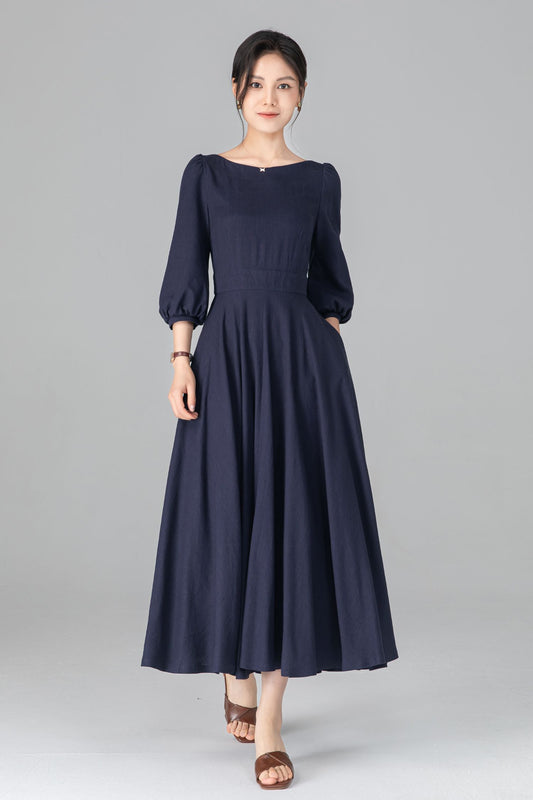 Navy Linen Midi Dress for Women – A-Line Elegant Dress, Minimalist French Style C5513