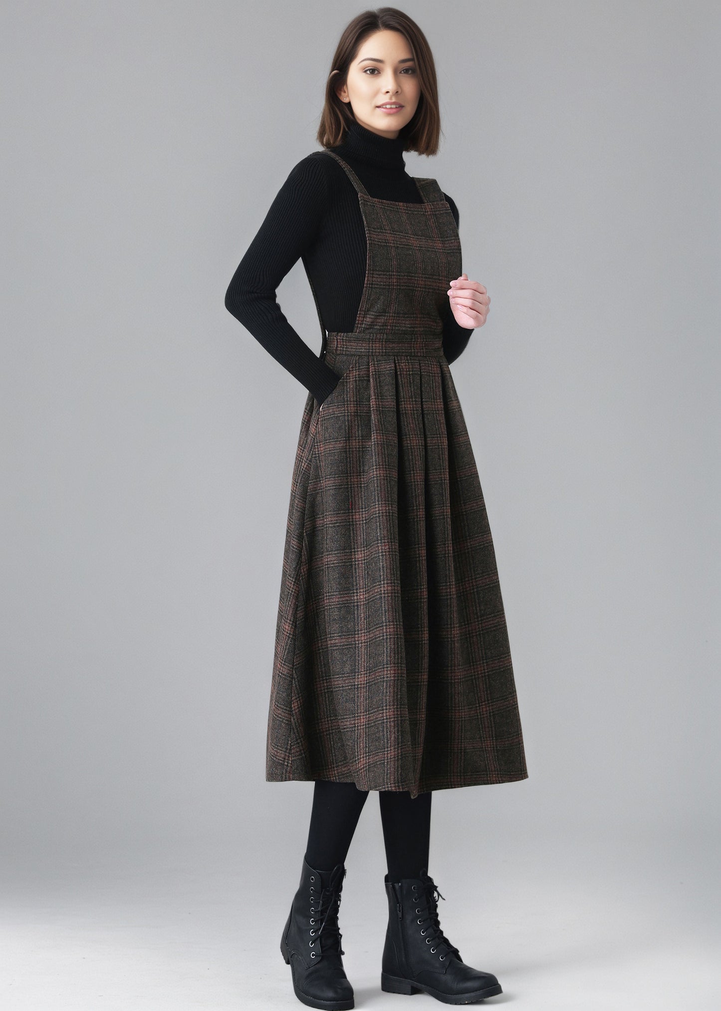 Plaid Wool Pinafore Pleated Dress,Winter Wool dress women C5151