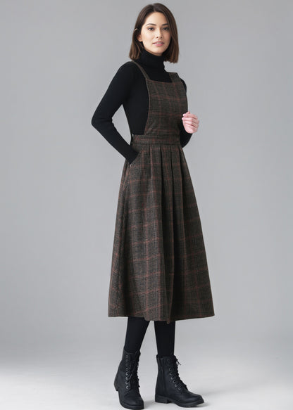 Plaid Wool Pinafore Pleated Dress,Winter Wool dress women C5151