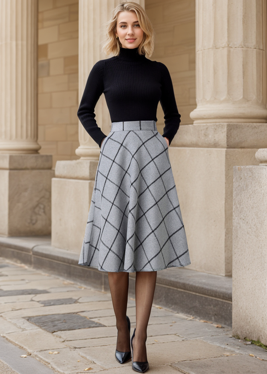Women Winter A Line Midi Plaid Skirt C4355