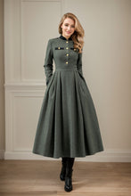 Load image into Gallery viewer, Button front army green winter wool dress C4441
