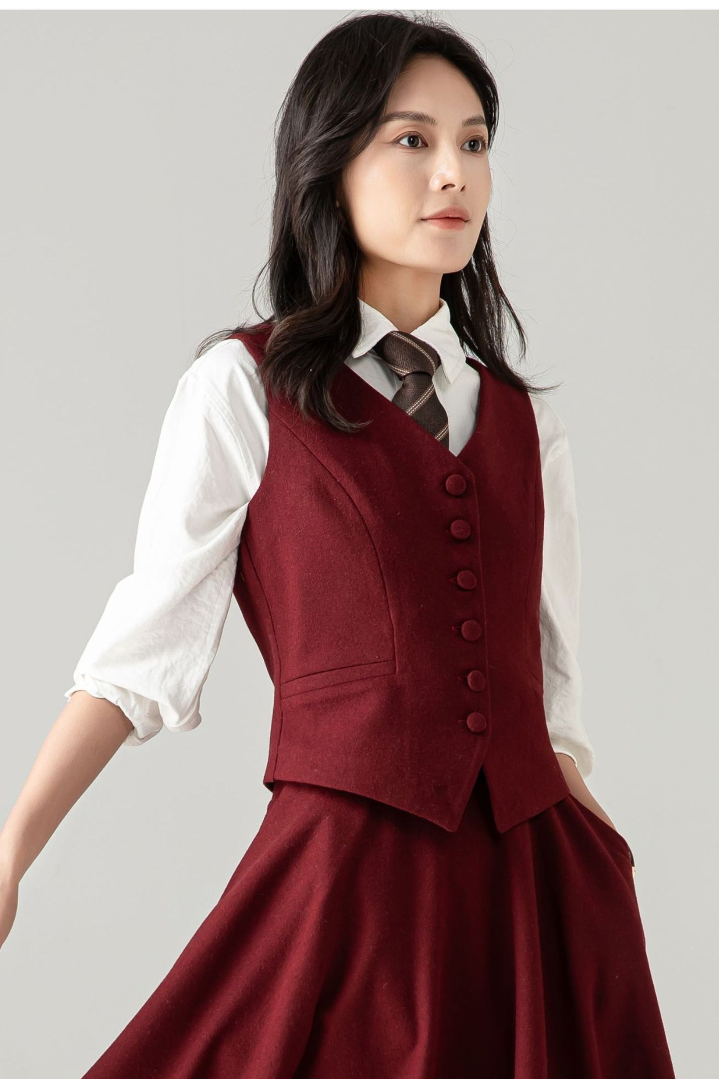 Burgundy Wool Blend Waistcoat: Vintage-Inspired Vest with Adjustable Back Tab, Ylistyle C5370