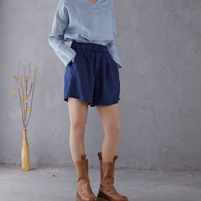 Blue High waist Linen Shorts C1906