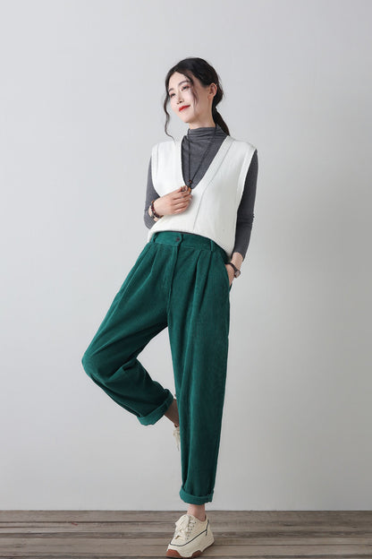 Green wide leg corduroy winter pants C4346
