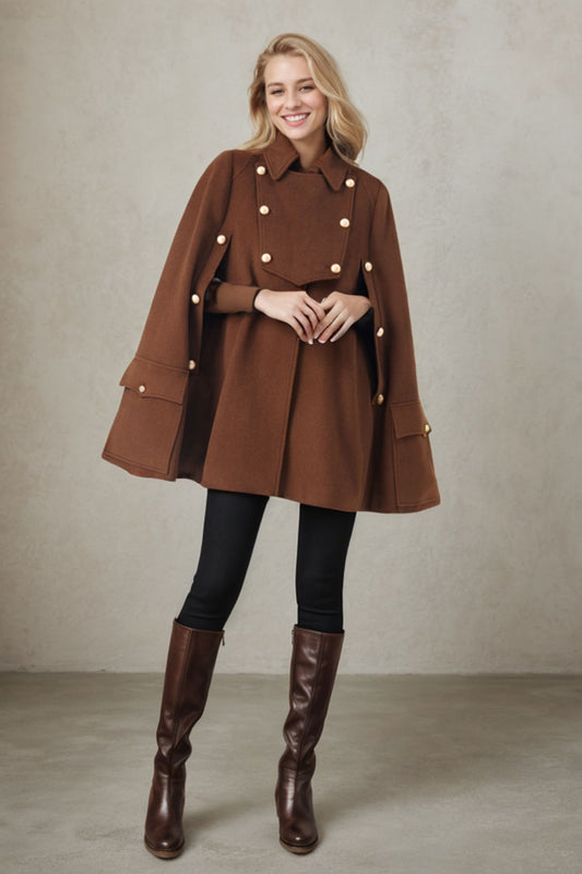 Brown winter wool cape coat women C3685