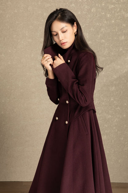 Burgundy fit and flare long wool coat C4490