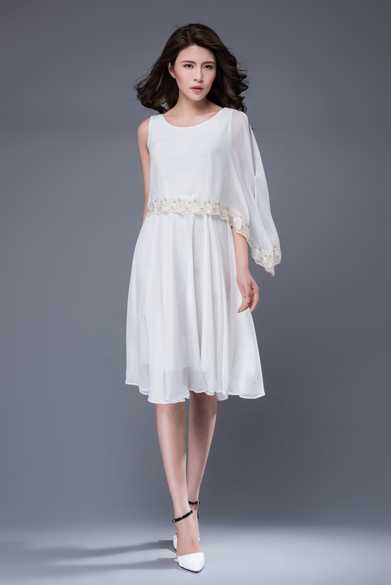 Asymmetrical summer white prom chiffon dress c873