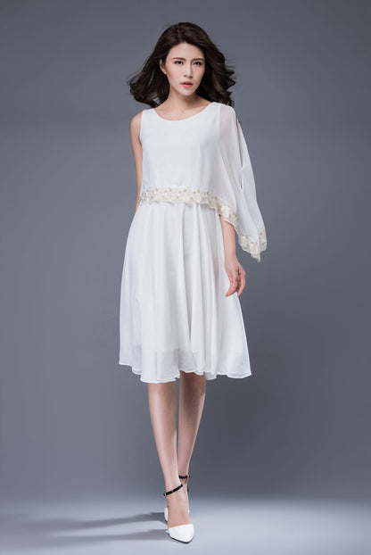 Asymmetrical summer white prom chiffon dress c873