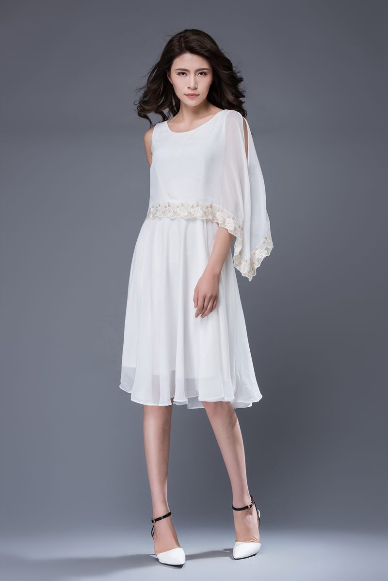 Asymmetrical summer white prom chiffon dress c873