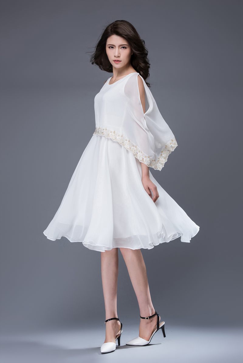 Asymmetrical summer white prom chiffon dress c873