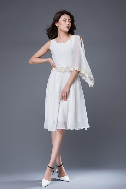 Asymmetrical summer white prom chiffon dress c873