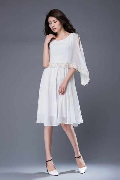 Asymmetrical summer white prom chiffon dress c873
