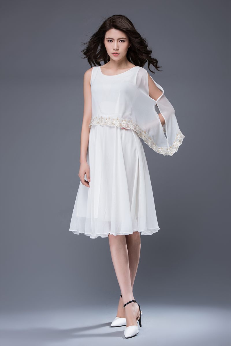 Asymmetrical summer white prom chiffon dress c873