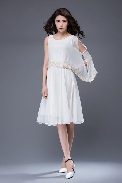 Asymmetrical summer white prom chiffon dress c873