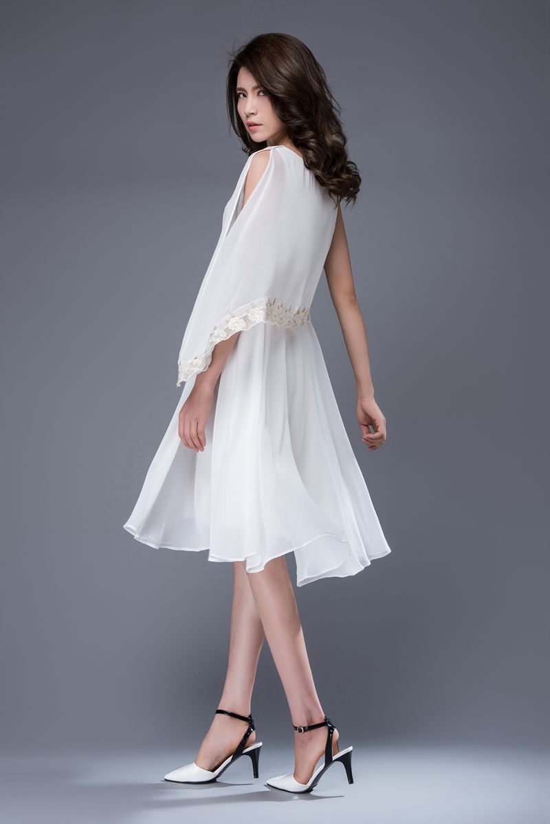Asymmetrical summer white prom chiffon dress c873