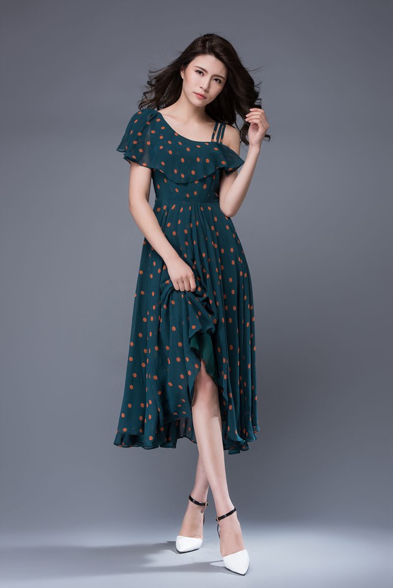 Polka dot asymmetrical prom chiffon dress c876
