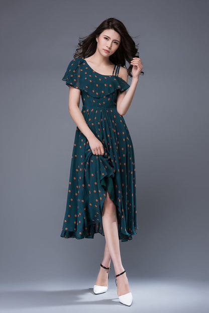 Polka dot asymmetrical prom chiffon dress c876